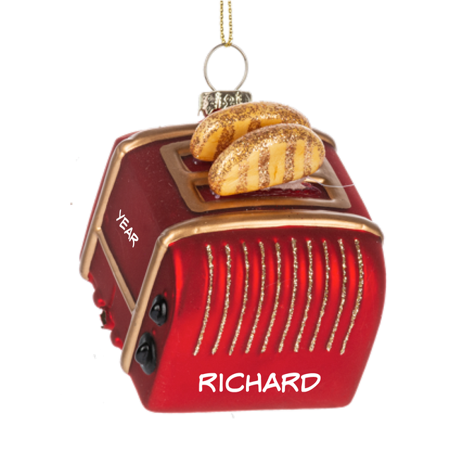 Personalized red toaster Christmas ornament with two slices of toast and custom name and year.