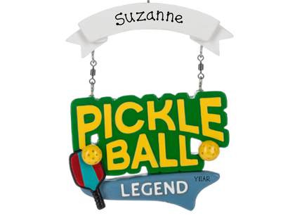 Personalized Pickleball Legend Christmas ornament with custom name and year, pickleball paddle and balls.