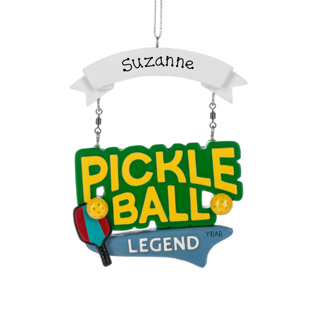 Personalized Pickleball Legend Christmas ornament with custom name and year, pickleball paddle and balls.