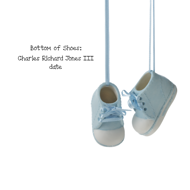 Personalized baby boy blue shoes Christmas ornament with custom name and date on bottom of shoe.