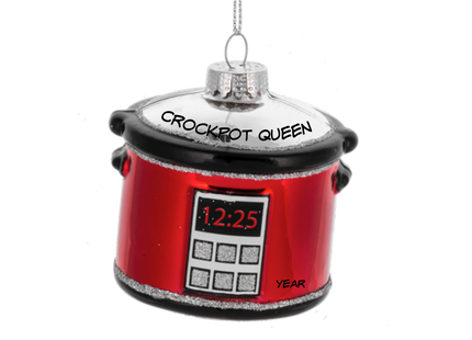 Personalized red crockpot Christmas ornament with custom text and year.
