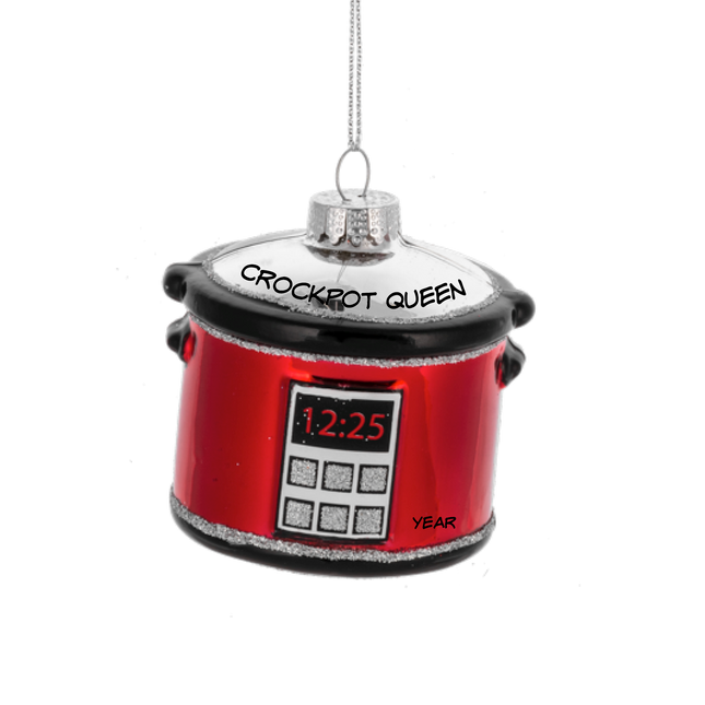 Personalized red crockpot Christmas ornament with custom text and year.