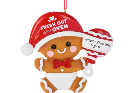 Personalized Fresh Out of the Oven baby gingerbread Christmas ornament with custom name and year featuring a baby gingerbread cookie in a Santa hat and diaper.