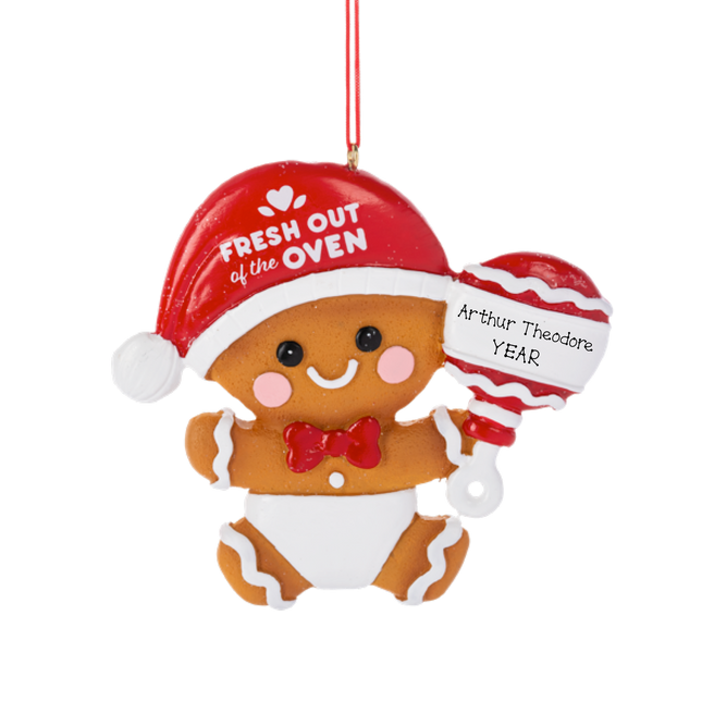 Personalized Fresh Out of the Oven baby gingerbread Christmas ornament with custom name and year featuring a baby gingerbread cookie in a Santa hat and diaper.