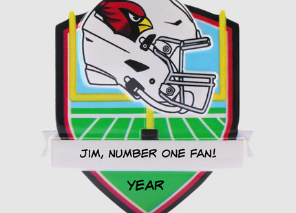 Personalized Arizona Cardinals football helmet Christmas ornament with custom name and year.