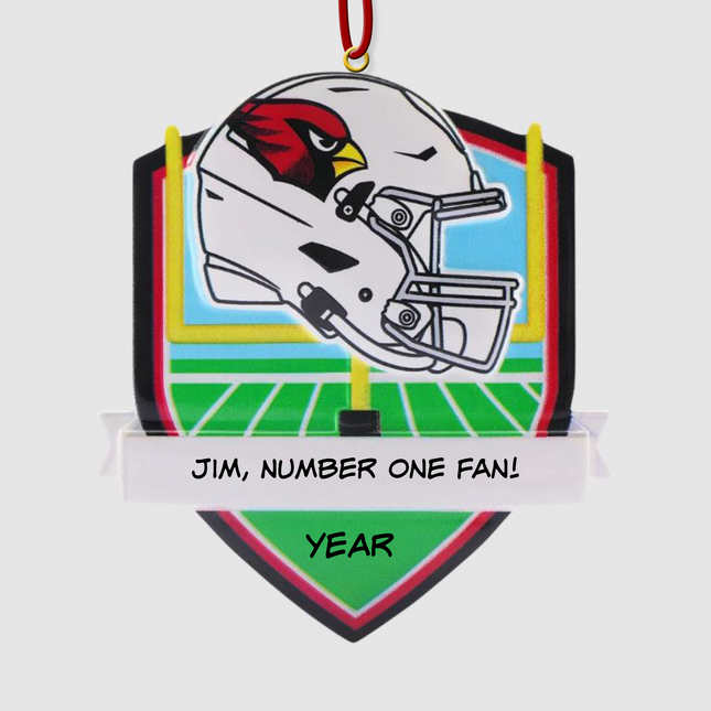 Personalized Arizona Cardinals football helmet Christmas ornament with custom name and year.