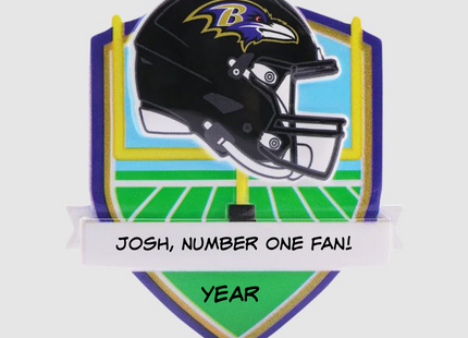 Personalized Baltimore Ravens football helmet Christmas ornament with custom name and year.
