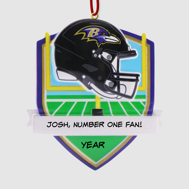 Personalized Baltimore Ravens football helmet Christmas ornament with custom name and year.