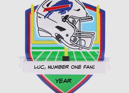 Personalized Buffalo Bills football helmet Christmas ornament with custom name and year.