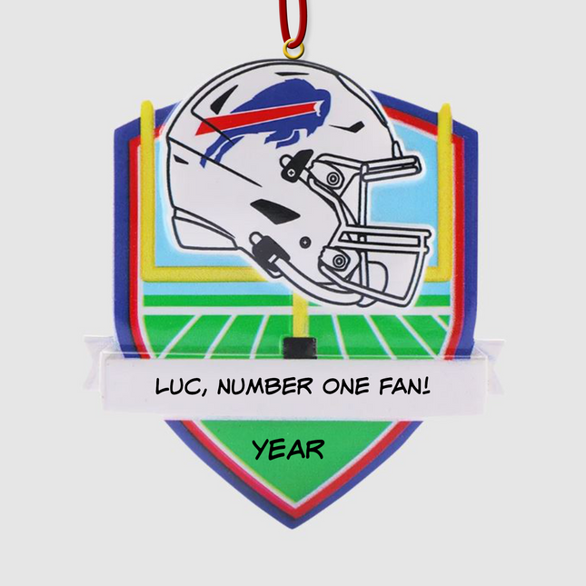 Personalized Buffalo Bills football helmet Christmas ornament with custom name and year.