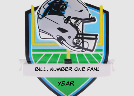 Personalized Carolina Panthers football helmet Christmas ornament with custom name and year.