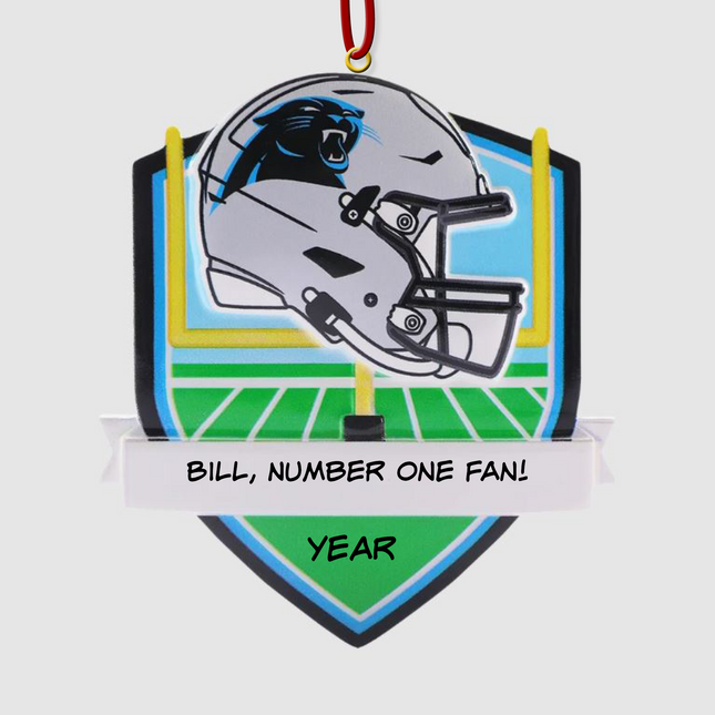 Personalized Carolina Panthers football helmet Christmas ornament with custom name and year.