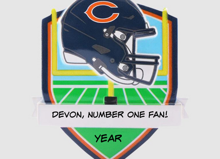 Personalized Chicago Bears football helmet Christmas ornament with custom name and year.