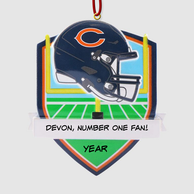 Personalized Chicago Bears football helmet Christmas ornament with custom name and year.