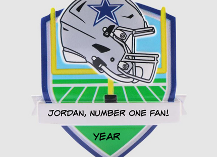 Personalized Dallas Cowboys football helmet Christmas ornament with custom name and optional year on a football field background.