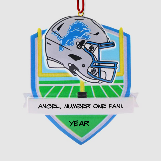 Personalized Detroit Lions football helmet Christmas ornament with custom name and optional year on a football field background.