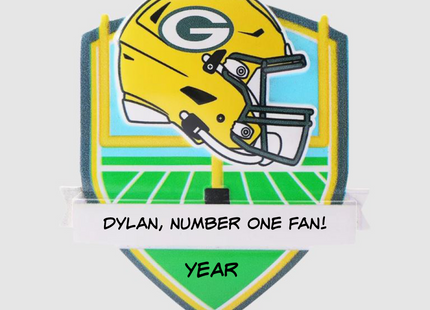 Personalized Green Bay Packers football helmet Christmas ornament with custom name and optional year on a football field background.