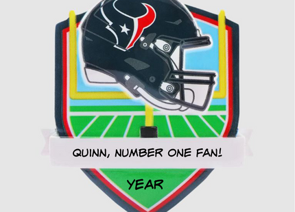 Personalized Houston Texans football helmet Christmas ornament with custom name and optional year on a football field background.