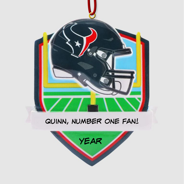 Personalized Houston Texans football helmet Christmas ornament with custom name and optional year on a football field background.
