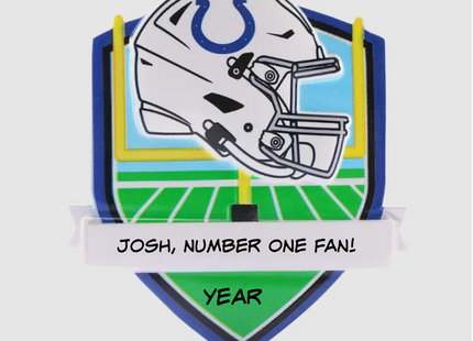 Personalized Indianapolis Colts football helmet Christmas ornament with custom name and optional year on a football field background.