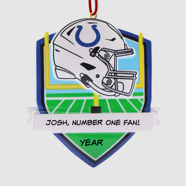 Personalized Indianapolis Colts football helmet Christmas ornament with custom name and optional year on a football field background.