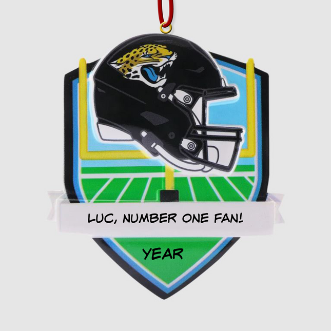 Personalized Jacksonville Jaguars football helmet Christmas ornament with custom name and optional year on a football field background.