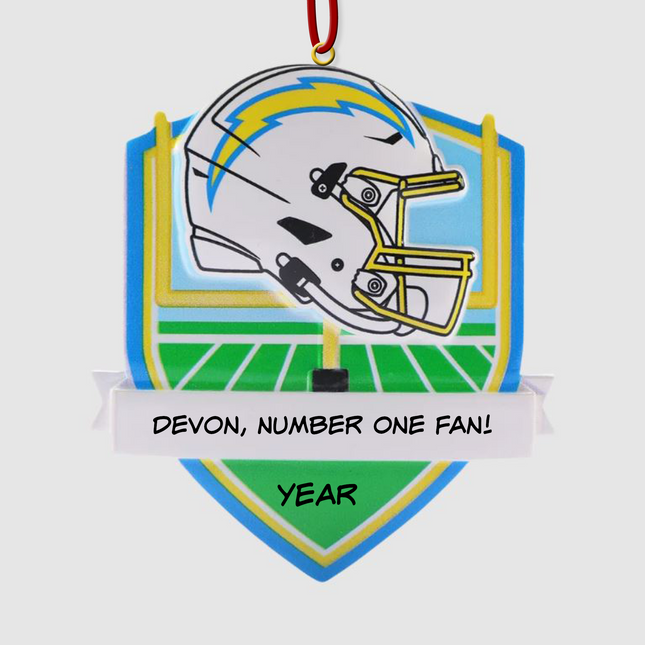 Personalized Los Angeles Chargers football helmet Christmas ornament with custom name and optional year on a football field background.
