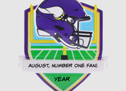 Personalized Minnesota Vikings football helmet Christmas ornament with custom name and optional year on a football field background.