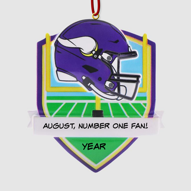 Personalized Minnesota Vikings football helmet Christmas ornament with custom name and optional year on a football field background.