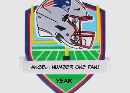 Personalized New England Patriots football helmet Christmas ornament with custom name and optional year on a football field background.