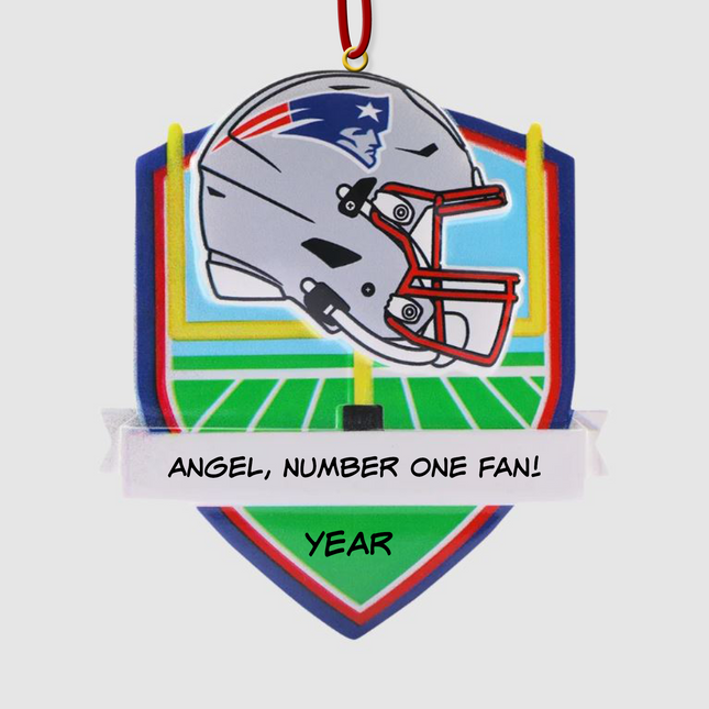 Personalized New England Patriots football helmet Christmas ornament with custom name and optional year on a football field background.