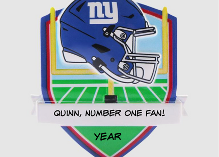 Personalized New York Giants football helmet Christmas ornament with custom name and optional year on a football field background.