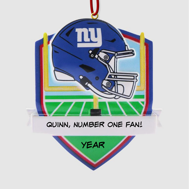 Personalized New York Giants football helmet Christmas ornament with custom name and optional year on a football field background.