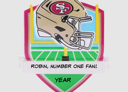 Personalized San Francisco 49ers helmet Christmas ornament featuring a football field background and custom name banner.