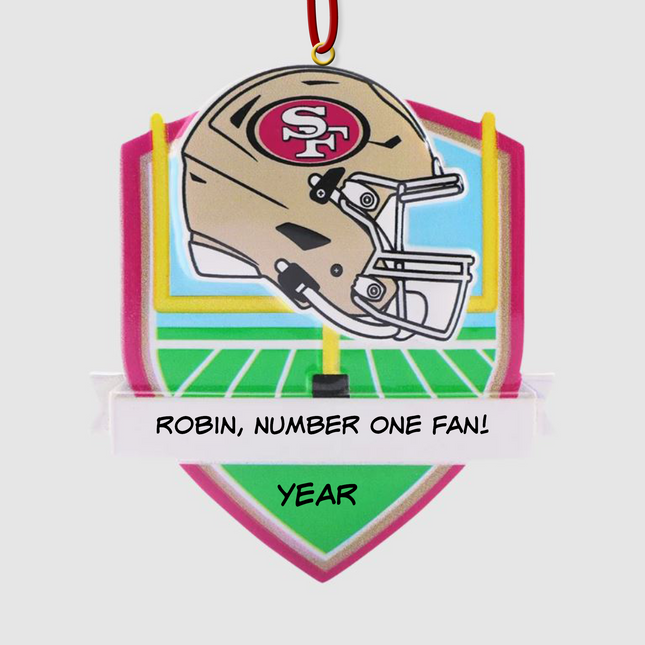 Personalized San Francisco 49ers helmet Christmas ornament featuring a football field background and custom name banner.