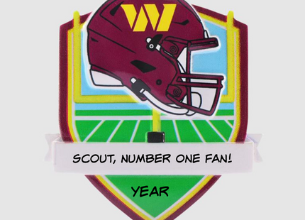 Personalized Washington Commanders helmet Christmas ornament featuring a football field background and custom name banner.