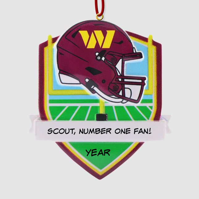 Personalized Washington Commanders helmet Christmas ornament featuring a football field background and custom name banner.