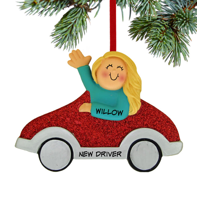 New Driver Girl - Red Car Christmas Ornament