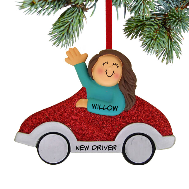 holiday personalized new driver girl - red car christmas ornament – Christmas ornament, holiday tree decoration or gift