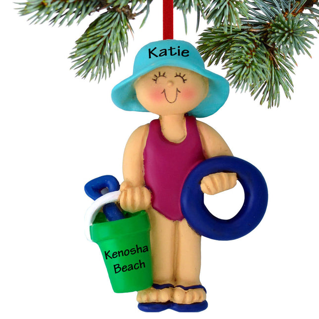 decorative personalized beach child girl christmas ornament – Christmas ornament, holiday tree decoration or gift