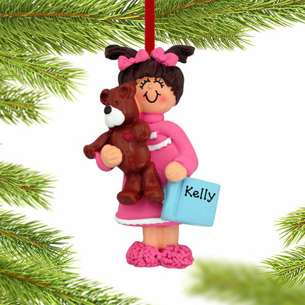 Toddler Girl with Teddy Bear and Book Christmas Ornament