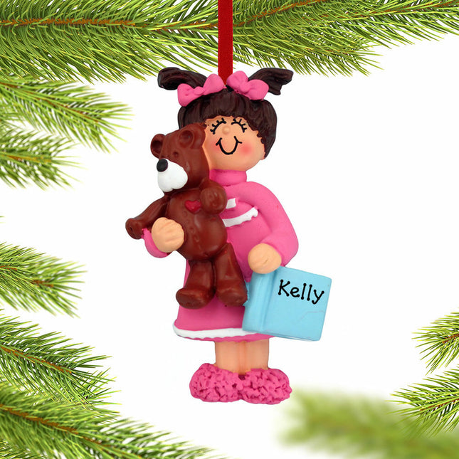 Toddler Girl with Teddy Bear and Book Christmas Ornament