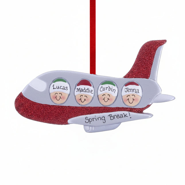 personalized airplane family ornament with passenger names, custom message and year, red airplane with 4 smiling faces in windows