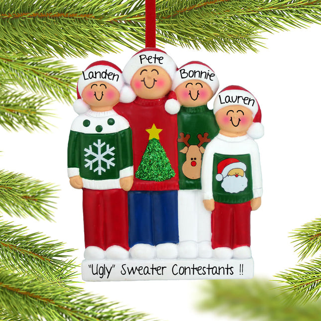 Ugly Christmas Sweater Family Personalized Ornament - 2 or 4 Family Members