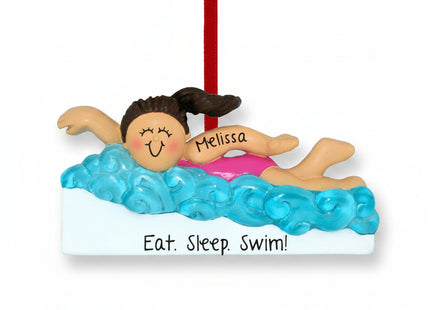 Personalized learning to swim Christmas ornament featuring a child swimming with a custom name and the phrase "Eat. Sleep. Swim."
