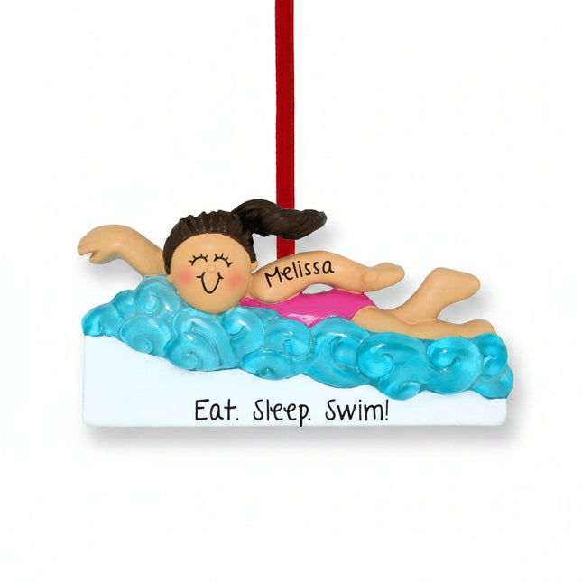 Personalized learning to swim Christmas ornament featuring a child swimming with a custom name and the phrase "Eat. Sleep. Swim."