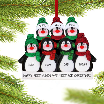 Glitter Penguin Family Personalized Ornament - 7 or 8 Family Members