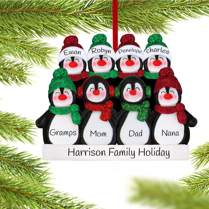 Glitter Penguin Family Personalized Ornament - 7 or 8 Family Members