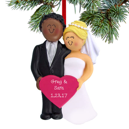 Bride and Groom Holding A Pink Heart Personalized Ornament