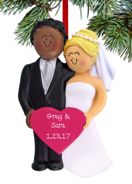 Bride and Groom Holding A Pink Heart Personalized  Ornament - ORNAMENT SHOP